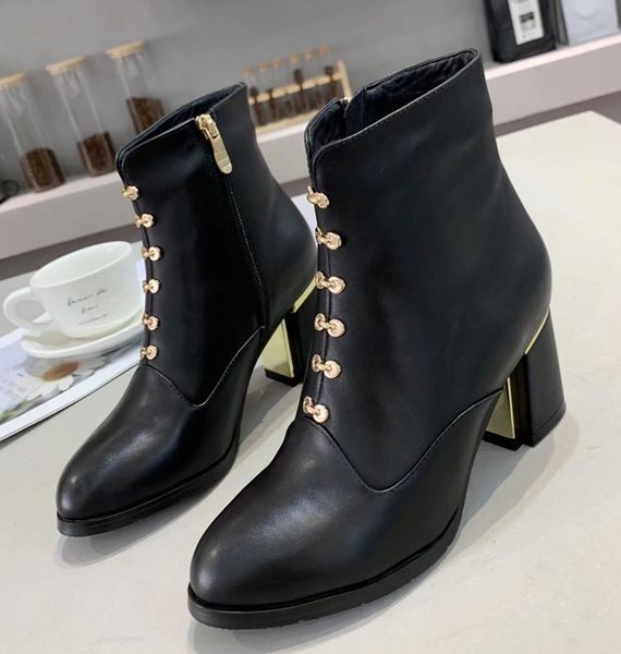 

european station new winter booties high heel thick boots with boots martin boots handmade shoes (with box and dust bag, Black