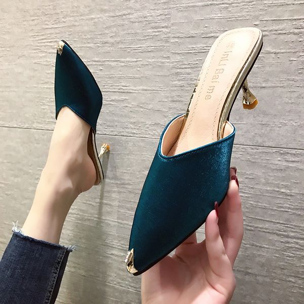 

pointed toe rivet med thin heels flock slippers casual shoes woman 2020 slipers women heeled mules luxury cover new high slides, Black