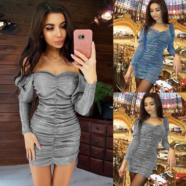 

women sequined dress long sleeve bodycon evening party dresses off shoulder puff sleeve short mini dress, Black;gray
