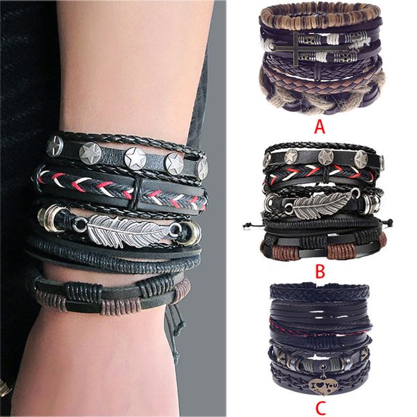 

men simple vintage woven leather wrap bracelets alloy guitar leather bracelet set pulseras mujer moda 2019 @sl, Black