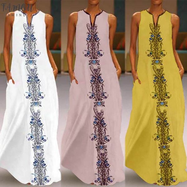 

2020 summer women sundress sleeveless v neck sarafans maxi dress vintage print long vestidos kaftan robe femme plus size, Black;gray