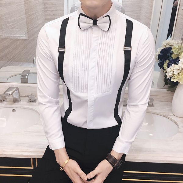 

2020 fashion designer male shirt slim fit black white club performance stage clothing mens dress shirt bow tie work, White;black
