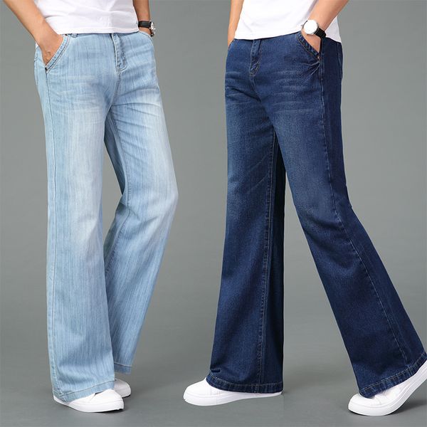 

men's 2020 summer lightweight thin wide-leg jeans flares trousers black and blue plus size business casual pants