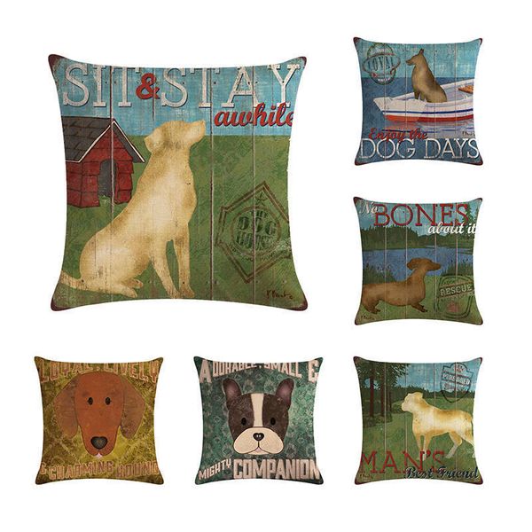 

new linen pillow cover dog like bone hand painting yellow dog kitchen chair cushion cover home decorative pillow case zy306