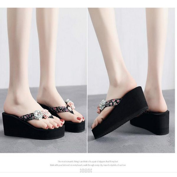 

fashion high-heeled slippers female summer wear brown 2019 new thick-bottomed flip-flops beach sandals slippers sneakers casual shoes, Black