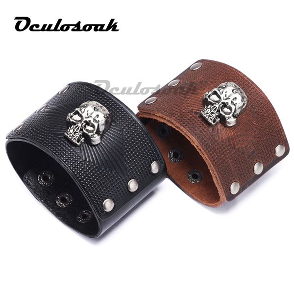

vintage punk big wide genuine leather braid wrap bracelet skull bangle wristband cuff snap clasps for male men jewelry gifts, Black