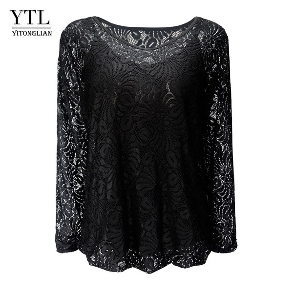 

plus size summer t-shirt women elegant lace black top two-piece set casual hollow out long sleeve soft fashion vest jumper h201, White