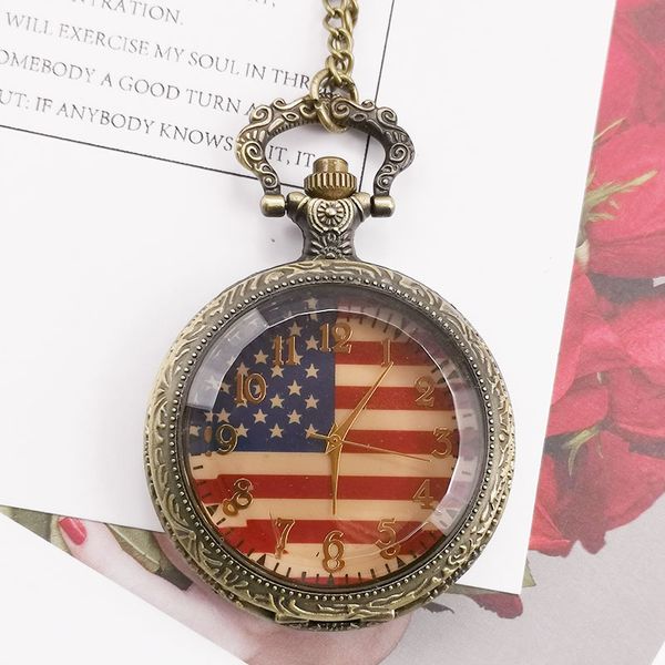 

selling fashion american flag vintage bronze united states army quartz pocket watches with fob chain for men women cf1061, Slivery;golden