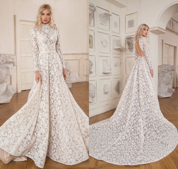 

fashion wedding dresses high collar long sleeves full lace bridal gowns custom made backless sweep train designer a-line wedding dress, White