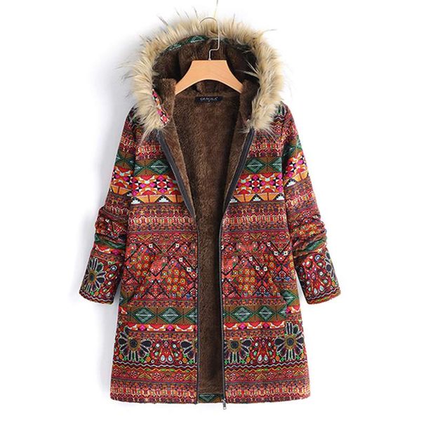 

зима старинные этнические печатных искусственного пушистые куртки 2018 женщин с капюшоном с длинным рукавом флис меха теплые длинные пальто, Black;brown