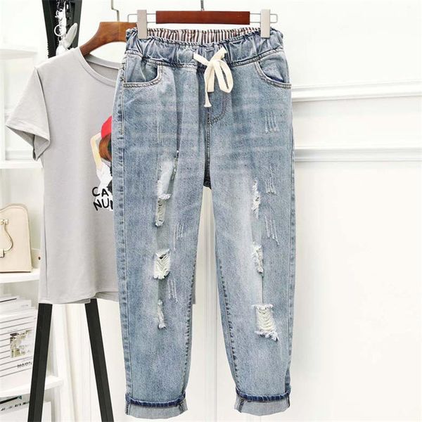 

plus size women jeans pants casual ripped hole high waist jeans femme trousers vintage boyfriend women harem pants q1447, Blue