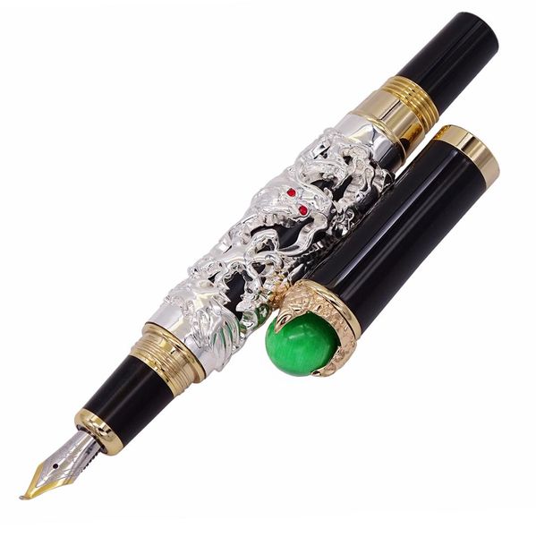 

jinhao vintage dragon king bent nib fountain pen calligraphy pen, metal embossing green jewelry on silver drawing ink pen