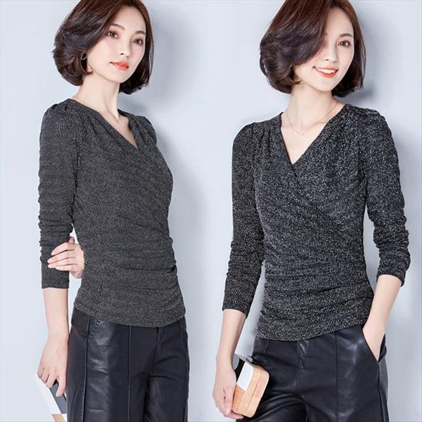 

long t- sleeve women's t-shirt slim v-neck bright silk base shirt women, White