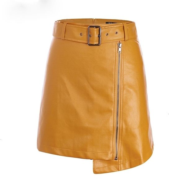

high waist pu leather skirt streetwear sash mini skirts short women bottom zipper a-line autumn winter skirt, Black