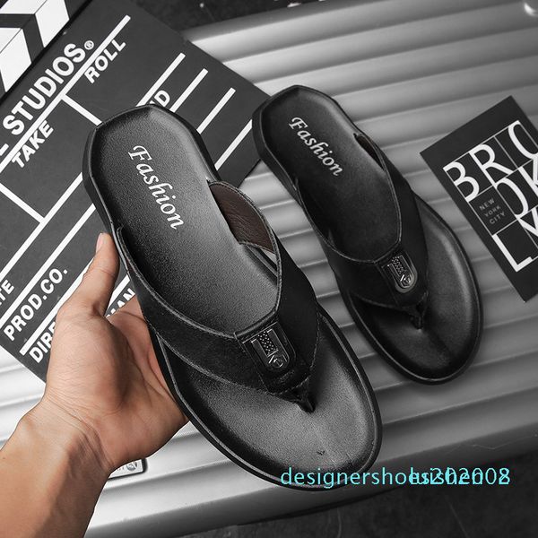 

genuine leather men's slippers 2020 new style outdoor flip-flops anti-slip casual three bars outdoor beach peep-toe cold care d08, Black