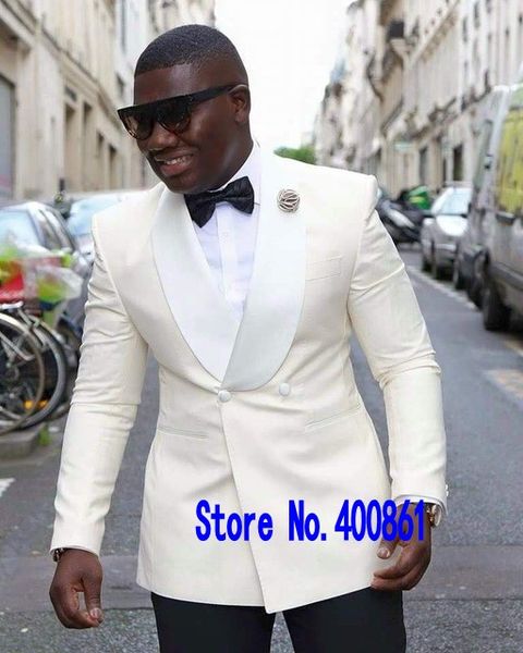

fashionable double breasted ivory groom tuxedos shawl lapel groomsmen men blazers 2 piece suits (jacket+pants+tie) no:339, White;black