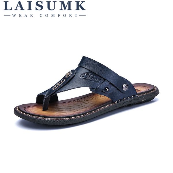 

2019 laisumk summer sandals men outdoor breathable slippers leather men beach casual sandalias slip on shoes flip-flops, Black