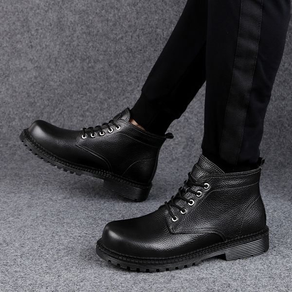 

men winter snow boots fur warm comfortable fashion genuine leather snow boots men's wool short plush warm big size 48, Black