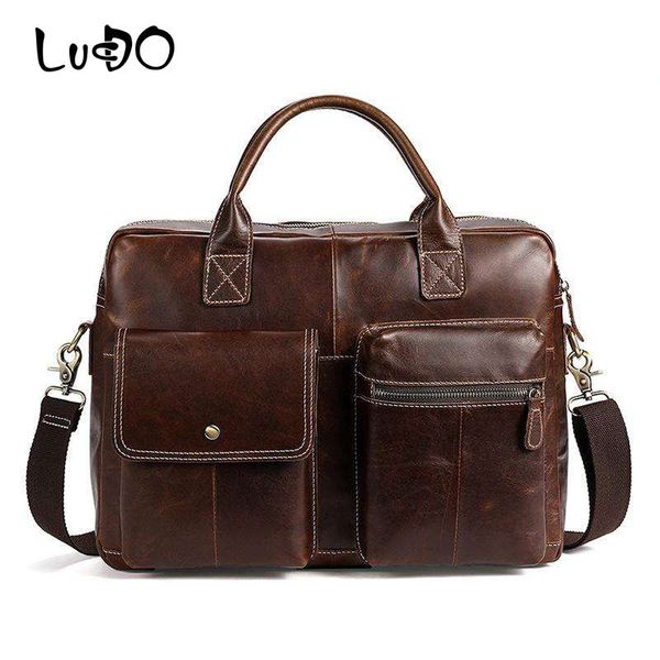 

lucdo genuine leather mens shoulder bag 100% real cow leather totes messenger bag 14 inch business lapbags handle bags