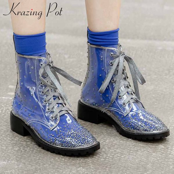 

krazing pot new high fashion crystal studded transparent boots round toe med heels lace up women daily wear ankle boots l57, Black