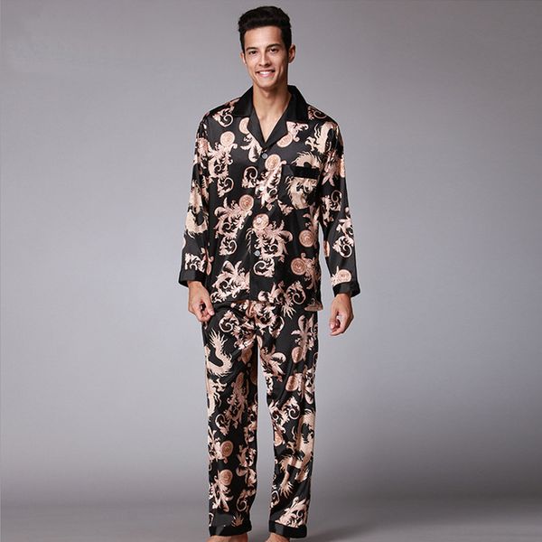 

men silk like pajamas set autumn winter pyjama suit full sleeved chinese traditional printed rayon sleepwear long pants xxl, Black;brown