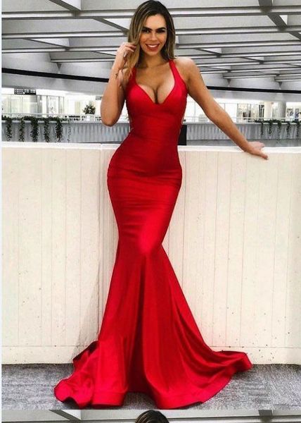 

женская mermaid long sexy dee v-образным вырезом красный вечерние платья без рукавов robe de soiree sweep поезд сшитое партии gowns, Black;red
