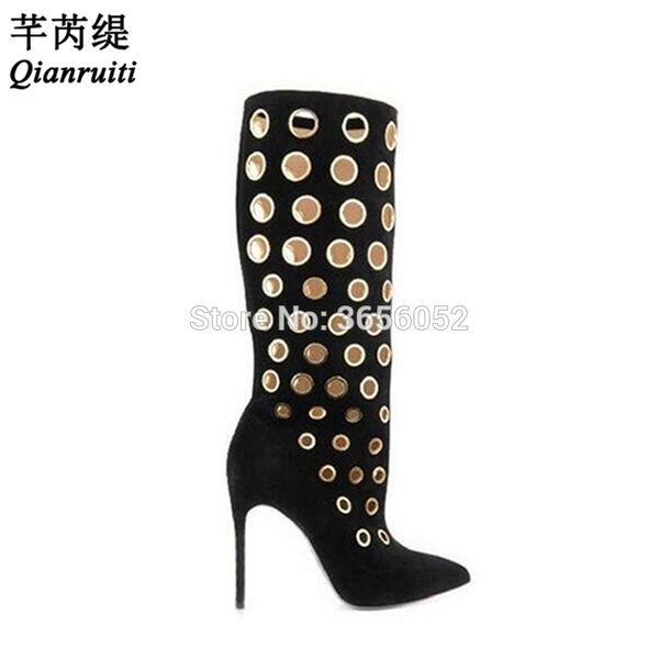 

qianruiti designer shoes woman pointed toe knee high boots metallic rings hollow out stiletto botas mujer suede high heels, Black