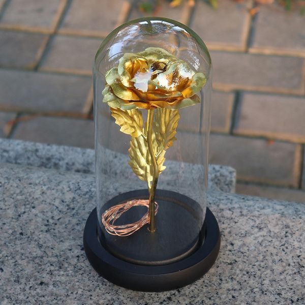 

artificial gold foil rose flower night light no battery led light string in glass dome on wooden base the gift for women gi, Black;blue