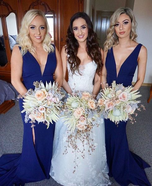 

new navy blue mermaid bridesmaid dresses sheath v neck formal party wedding guest dress maid of honor gown bm0360, White;pink
