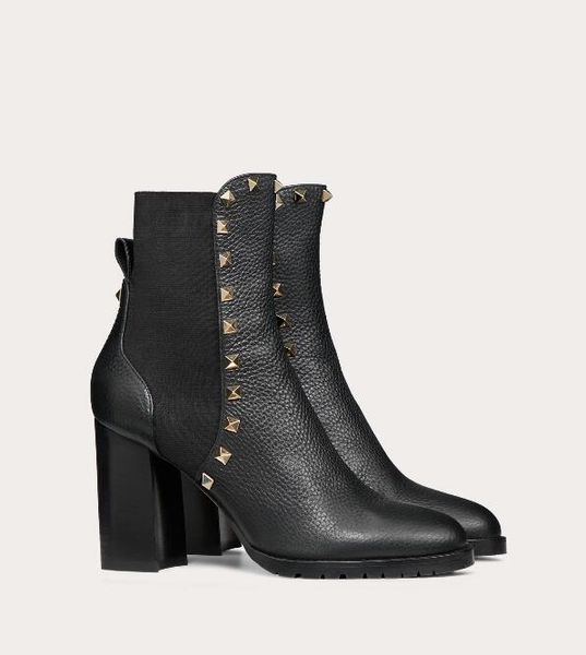 

original box] elegant brand women rock stud ankle boot black genuine leather calf fashion boots lady classic booties eu35-43