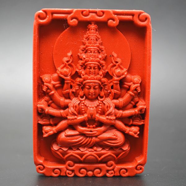

red cinnabar carved thousand hands guanyin buddha square stone pendants, Silver