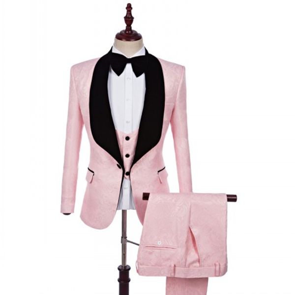 Smoking dello sposo goffrato Groomsmen rosa Abito da sposa Giacca da uomo con risvolto nero Blazer Cena Completo da 3 pezzi (giacca + pantaloni + gilet + cravatta) 1287