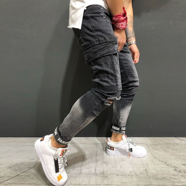 

pockets jeans men fashion ripped hombre casual slim pencil denim pants hip hop zipper pantalones hombre hole distressed jeans, Blue