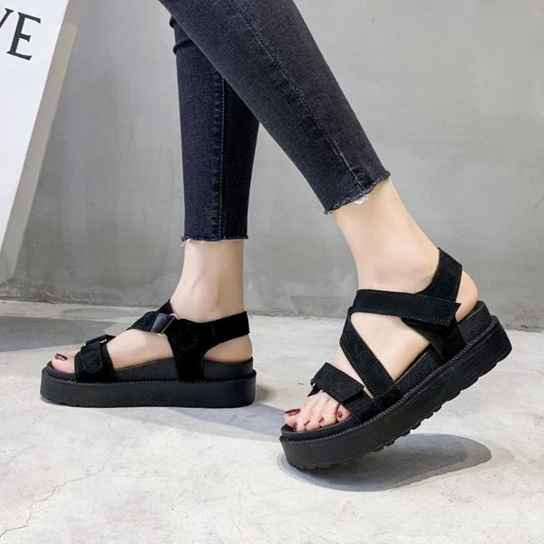 

leather] cowhide women's sandals women flat sandals wedge word belt 41813azj2572, Black