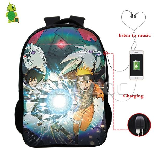

naruto backpacks mochila sasuke akatsuki multifunction usb charge headphone jack school bags for teenagers daily lapbackpack