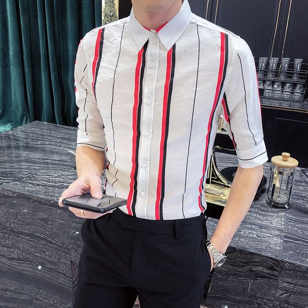 

british style summer half sleeve shirt men fashion 2020 slim fit men striped shirts all match streetwear casual blouse homme 3xl, White;black