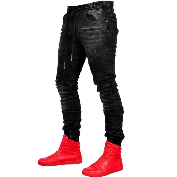 

casual men денима карандаш брюки тонкий hip hop шаровары cargo combat slim fit байкер повседневные брюки мужские joggers мужчины, Black