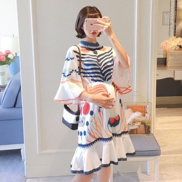 

материнство платья весна новой мода высокая вокруг шеи граффити независимого печати материнства платья рябить среднюю длину, White