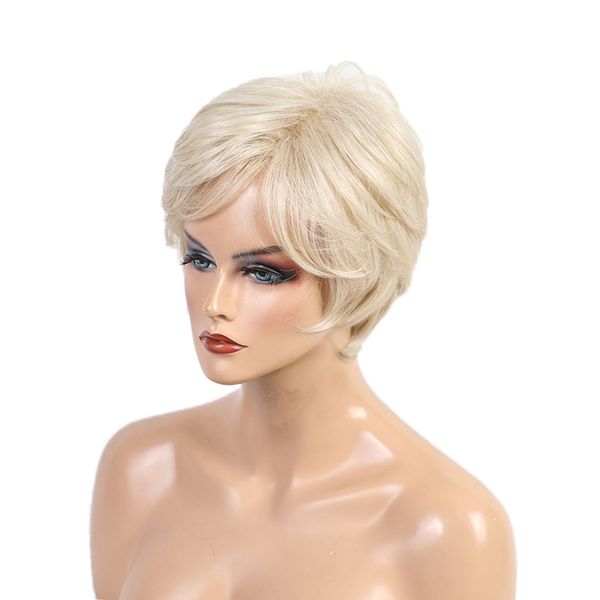 

8'' lady human hair short straight wigs layered shaggy cosplay daily wig, Black