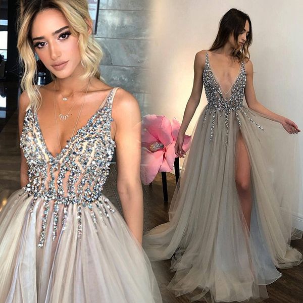 

2020 высокий разделитель sexy v-образные выпускные платья выпускного вечера tulle линия длинные vestidos de formance party backbloe elegant, Black