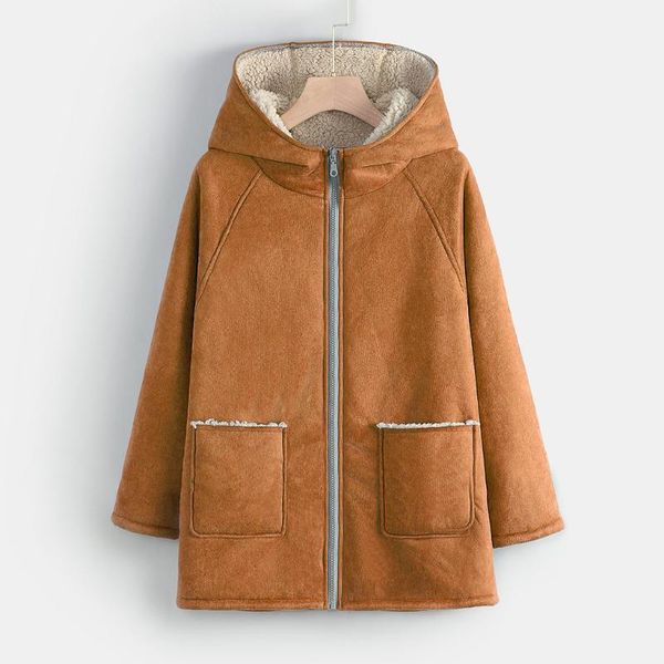 

autumn wnter jacket women outwear coat warm wool loose hooded zipper long sleeve jacket plush hat coat thickened overcoat #1019, Black;brown