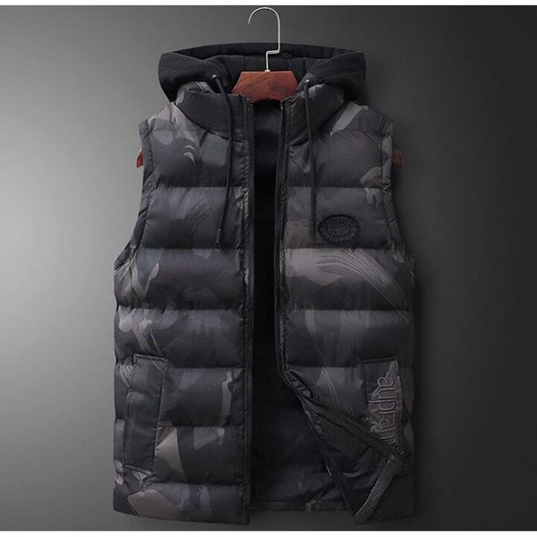 

мода без рукавов куртка мужчины утолщение камуфляж хлопок жилет шляпа с капюшоном теплый жилет зимний жилет мужчины повседневная ветровка, Black;white