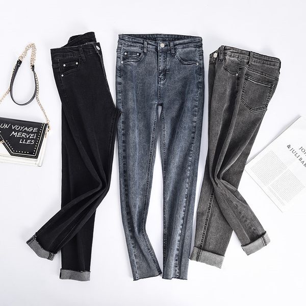 

women's high waist solid color stretch skinny jeans trousers fashion female washed black gray slim mom pencil jean denim pants, Blue