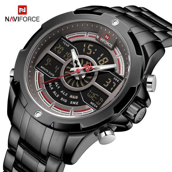 

luxury naviforce men watches black stainless steel wristwatch male clock led digital quartz waterproof watch reloj hombre, Slivery;brown