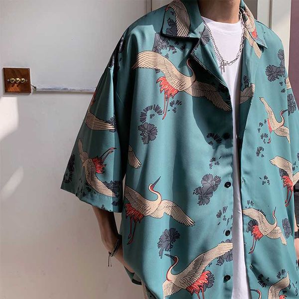 

iidossan 2020 japanese streetwear harajuku shirts men hiphop oversized grus japonensis printed shirts short sleeve casual, White;black