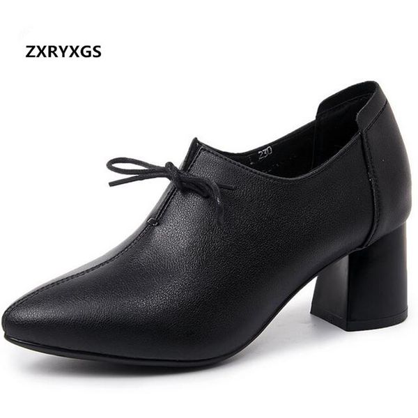 

zxryxgs pointed soft genuine leather shoes woman shoes high heels 2020 new lace-up deep mouth women high heel plus size, Black