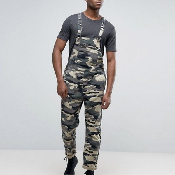 

oeak mens vintage jeans jumpsuit white camo printed bib overalls fashion streetwear casual distressed denim suspender pants, Blue
