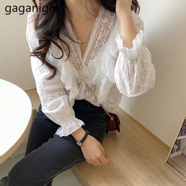 

women's blouses & shirts gaganight lace white shirt women long sleeve v neck chic blouse lady solid spring summer korean fashion blusas
