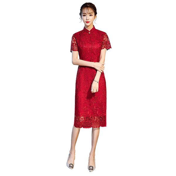 

stylish ladies red lace vintage hollow cheongsam novelty chinese style mandarin collar dress ladies embroidery qipao -xxxl, Black;gray
