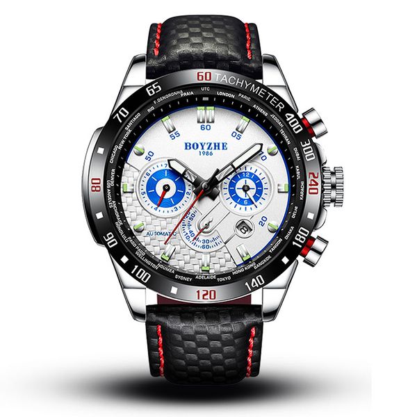 

fashion automatic mechanical watch men multi-function watch calendar luminous watches male waterproof clock leather strap, Slivery;brown